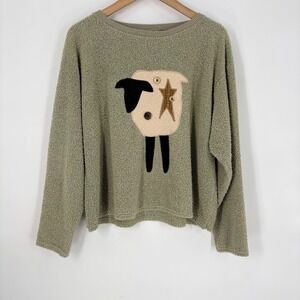 Cal Cru Womens Sage Green Terry Sheep Applique Sweater L/XL Made in USA Vintage